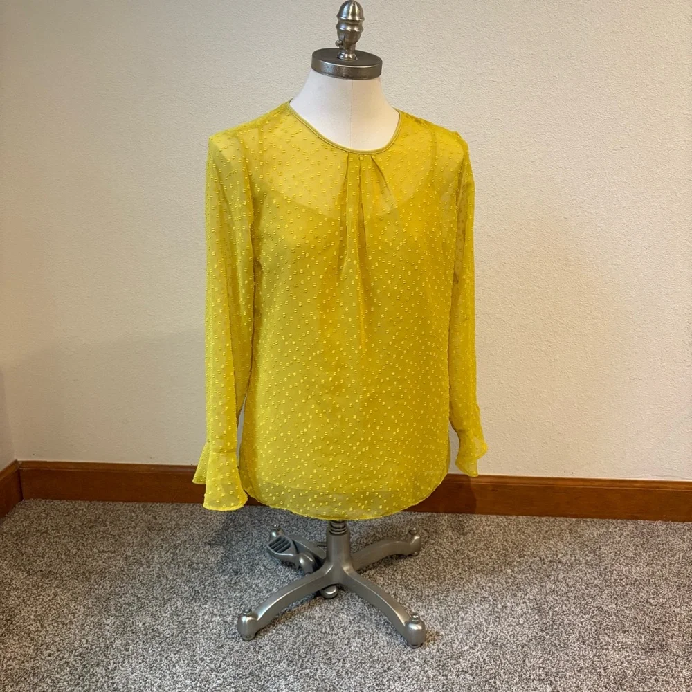 Banana Republic Sheer Swiss Dot Blouse Bright Mustard Yellow Women’s Small - Picture 1 of 12